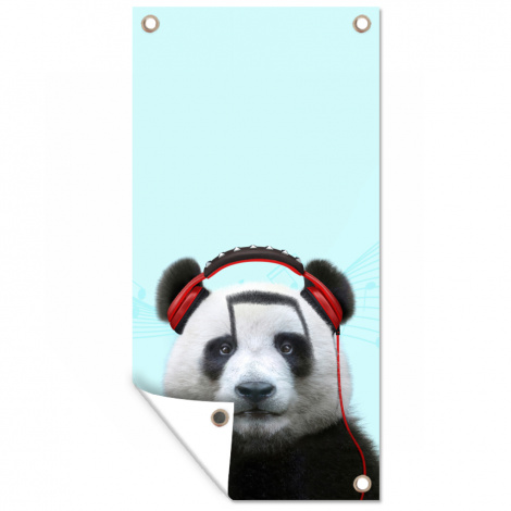 Tuinposter - Panda - Koptelefoon - Dier - Muzieknoten - Rood - Staand-2