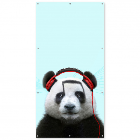 Tuinposter - Panda - Koptelefoon - Dier - Muzieknoten - Rood - Staand