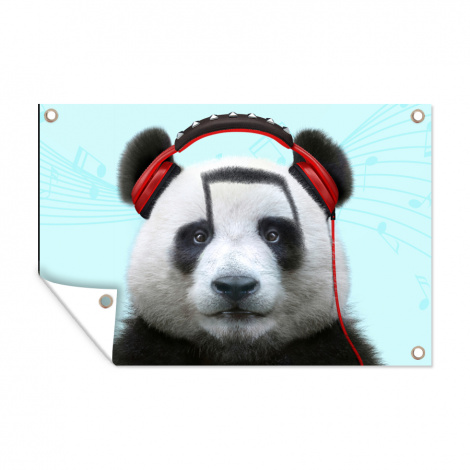 Tuinposter - Panda - Koptelefoon - Dier - Muzieknoten - Rood - Liggend-thumbnail-1