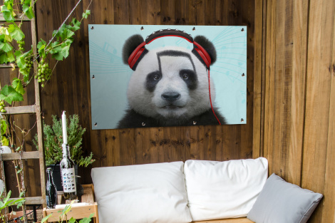 Tuinposter - Panda - Koptelefoon - Dier - Muzieknoten - Rood - Liggend-thumbnail-3