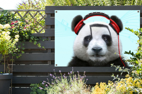 Tuinposter - Panda - Koptelefoon - Dier - Muzieknoten - Rood - Liggend-thumbnail-2