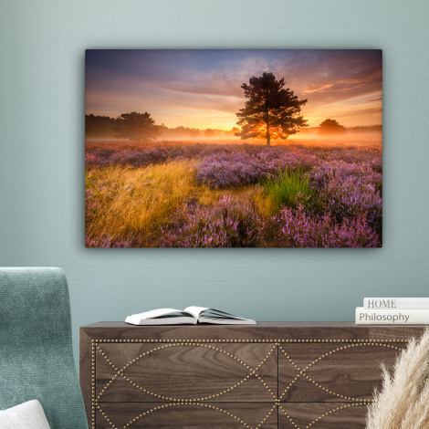 Canvas schilderij - Heidelandschap met een boom-4