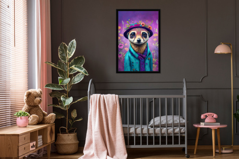 Poster met lijst - Meerkat - Bloemen - Verf - Paars - Portret - Staand-3