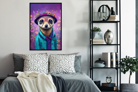 Poster met lijst - Meerkat - Bloemen - Verf - Paars - Portret - Staand-4