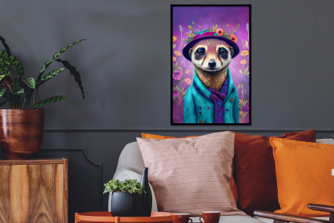Poster met lijst - Meerkat - Bloemen - Verf - Paars - Portret - Staand-2