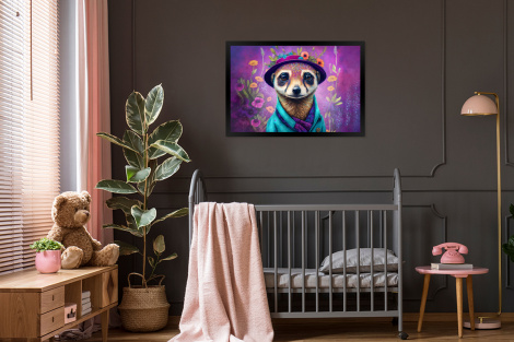 Poster met lijst - Meerkat - Bloemen - Verf - Paars - Portret - Liggend-3