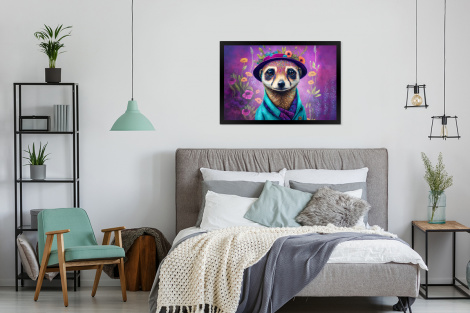 Poster met lijst - Meerkat - Bloemen - Verf - Paars - Portret - Liggend-4