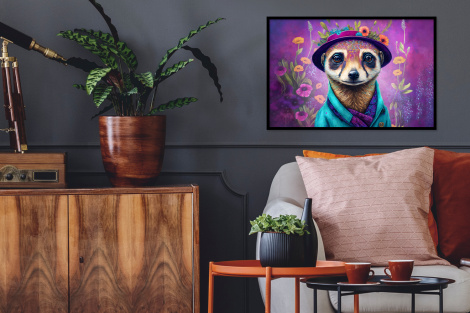 Poster met lijst - Meerkat - Bloemen - Verf - Paars - Portret - Liggend-2