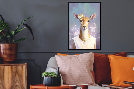 Poster met lijst - Hert - Bloemen - Verf - Portret - Dieren - Staand-2