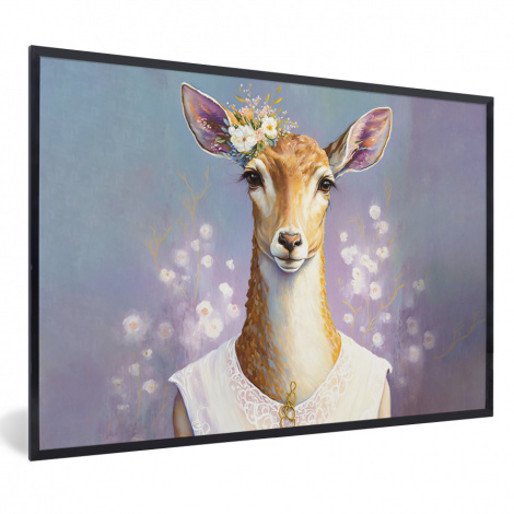 Poster met lijst - Hert - Bloemen - Verf - Portret - Dieren - Liggend
