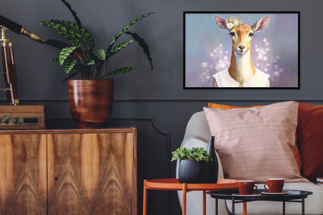 Poster met lijst - Hert - Bloemen - Verf - Portret - Dieren - Liggend-2