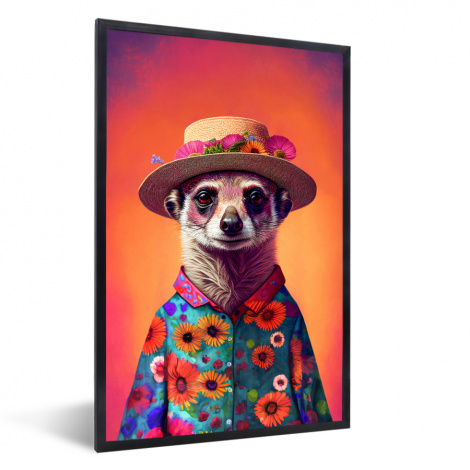Poster met lijst - Meerkat - Bloemen - Hoed - Dieren - Portret - Staand