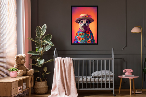 Poster met lijst - Meerkat - Bloemen - Hoed - Dieren - Portret - Staand-3