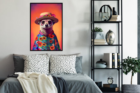 Poster met lijst - Meerkat - Bloemen - Hoed - Dieren - Portret - Staand-4