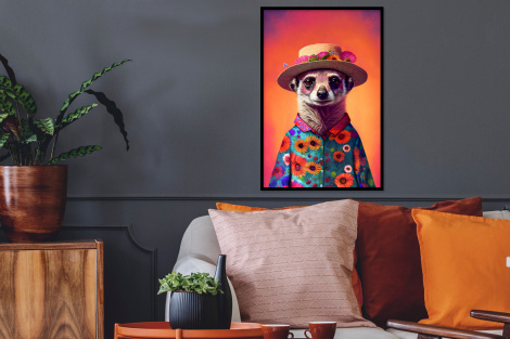 Poster met lijst - Meerkat - Bloemen - Hoed - Dieren - Portret - Staand-2