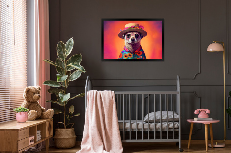 Poster met lijst - Meerkat - Bloemen - Hoed - Dieren - Portret - Liggend-3