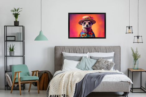 Poster met lijst - Meerkat - Bloemen - Hoed - Dieren - Portret - Liggend-4