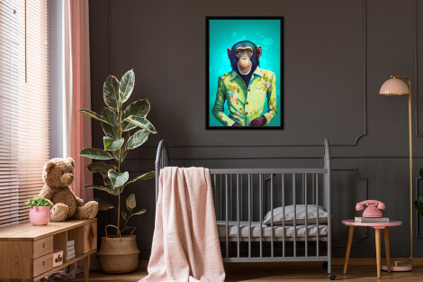 Poster met lijst - Aap - Blouse - Bloemen - Groen - Portret - Staand-3