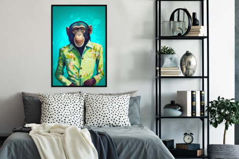Poster met lijst - Aap - Blouse - Bloemen - Groen - Portret - Staand-4