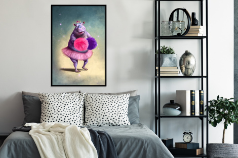 Poster met lijst - Nijlpaard - Bloemen - Ballerina - Pompons - Portret - Staand-4