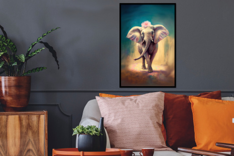 Poster met lijst - Olifant - Dieren - Verf - Bloemen - Portret - Staand-2