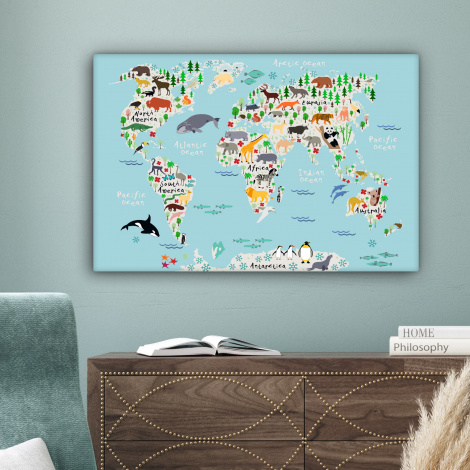 Canvas schilderij - Wereldkaart - Kinderen - Dieren - Kind-4