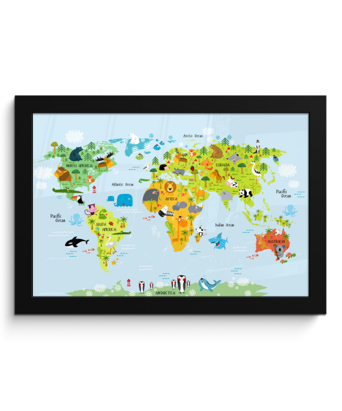 Poster met lijst - Wereldkaart - Kinderen - Dieren - Natuur - Jongens - Meisjes - Liggend