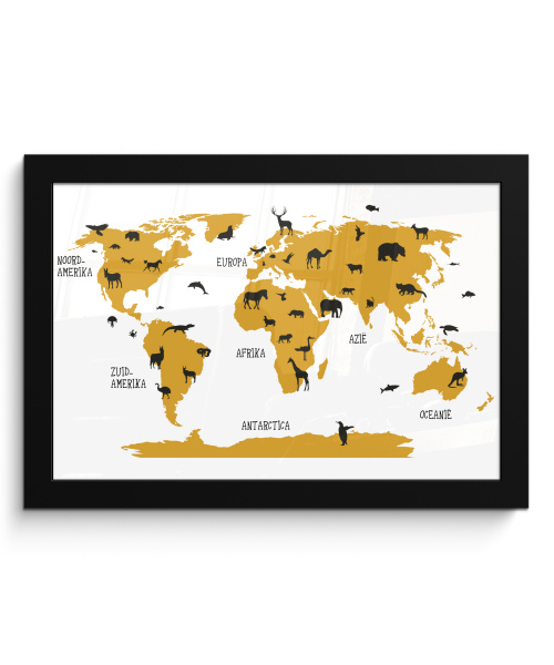 Poster met lijst - Wereldkaart - Kinderen - Goud - Dieren - Kind - Liggend
