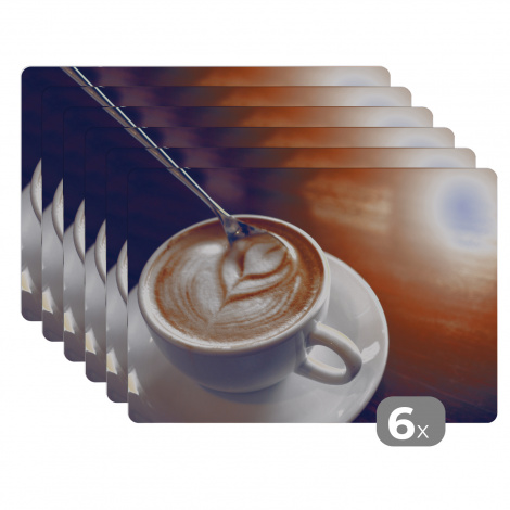 Premium placemats (6 stuks) - Een lepel roert door de schuimlaag van een bakje koffie - 45x30 cm
