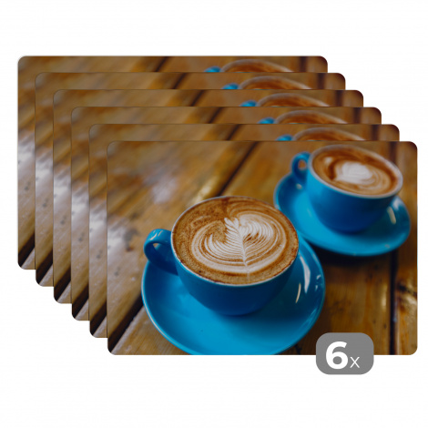 Premium placemats (6 stuks) - Twee blauwe koppen koffie op een houten tafel - 45x30 cm-thumbnail-1