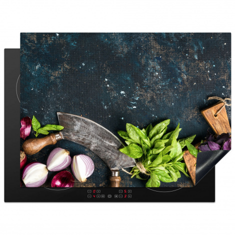Herdabdeckplatte - Gemüse - Kräuter - Wiegemesser - Zwiebel - Gewürze - Rustikal