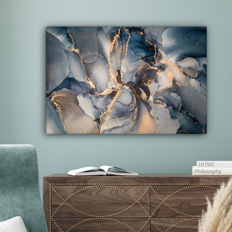 Canvas schilderij - Marmer - Grijs - Blauw - Luxe - Goud-4