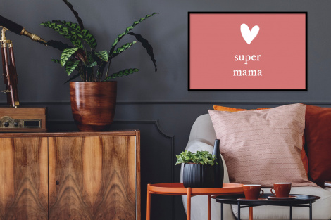 Poster met lijst - Presentje voor Moederdag super mama roze/wit - Liggend-2