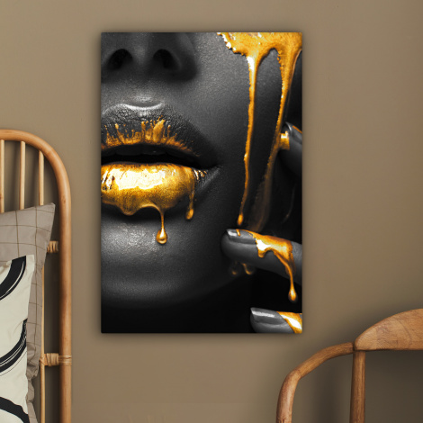 Canvas schilderij - Vrouw - Zwart - Goud - Gezicht - Lippen-2