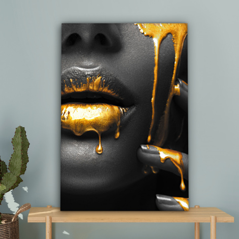 Canvas schilderij - Vrouw - Zwart - Goud - Gezicht - Lippen-4
