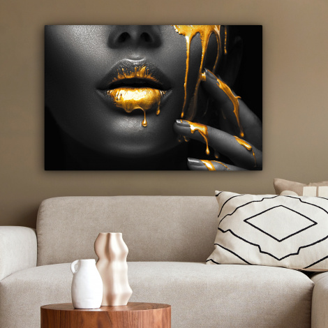 Leinwandbild - Frau - Schwarz - Gold - Gesicht - Lippen-2