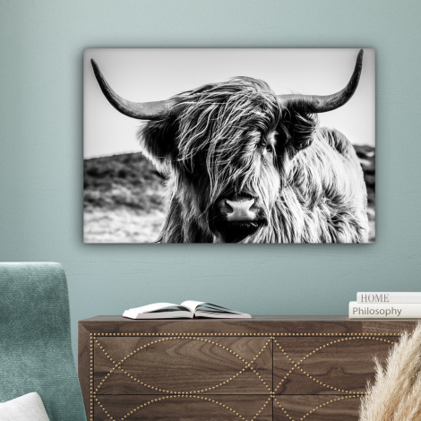 Canvas schilderij - Schotse hooglander - Close up - Horens - Vacht - Zwart Wit-4