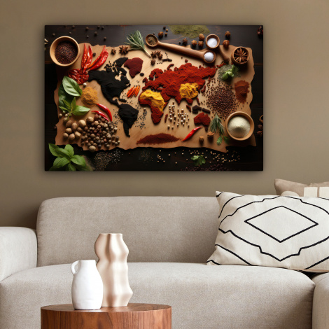 Leinwandbild - Kräuter - Gewürze - Weltkarte - Braun - Löffel - Farbenfroh-2