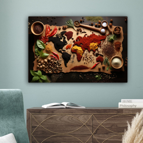 Leinwandbild - Kräuter - Gewürze - Weltkarte - Braun - Löffel - Farbenfroh-4