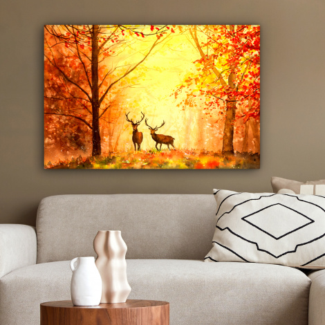 Canvas schilderij - Natuur - Olieverf - Hert - Dieren - Herfst - Oranje-2
