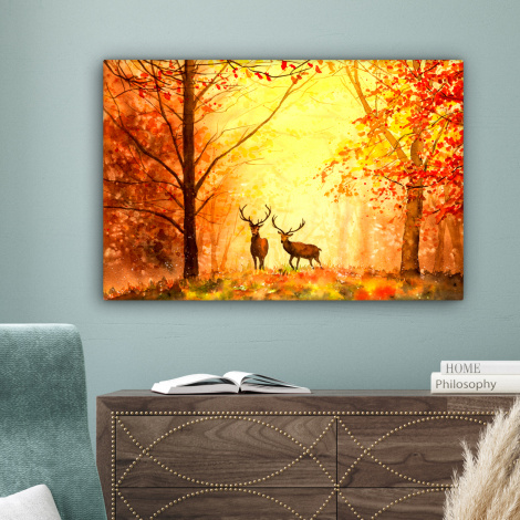 Canvas schilderij - Natuur - Olieverf - Hert - Dieren - Herfst - Oranje-4