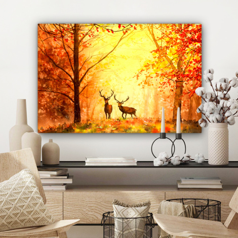 Canvas schilderij - Natuur - Olieverf - Hert - Dieren - Herfst - Oranje-3
