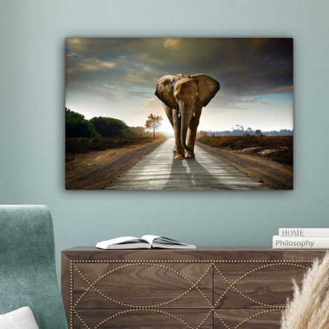 Leinwandbild - Elefant - Straße - Tiere - Sonnenuntergang - Landschaft-4