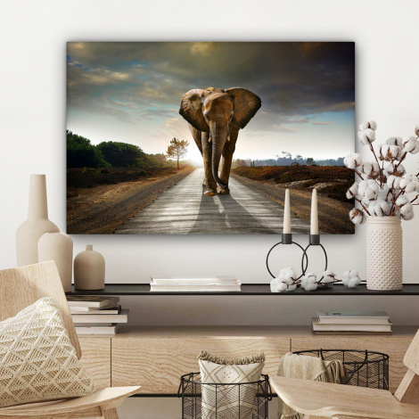 Leinwandbild - Elefant - Straße - Tiere - Sonnenuntergang - Landschaft-3