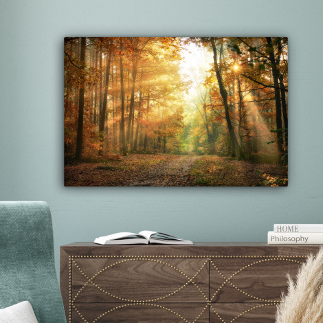 Leinwandbild - Wald - Herbst - Sonne - Landschaft - Natur - Bäume - Blätter-4