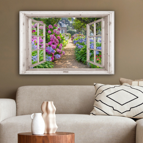Leinwandbild - Hortensie - Durchblick - Blumen - Sommer - Lila - Pfad-2