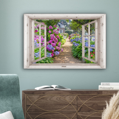 Leinwandbild - Hortensie - Durchblick - Blumen - Sommer - Lila - Pfad-4