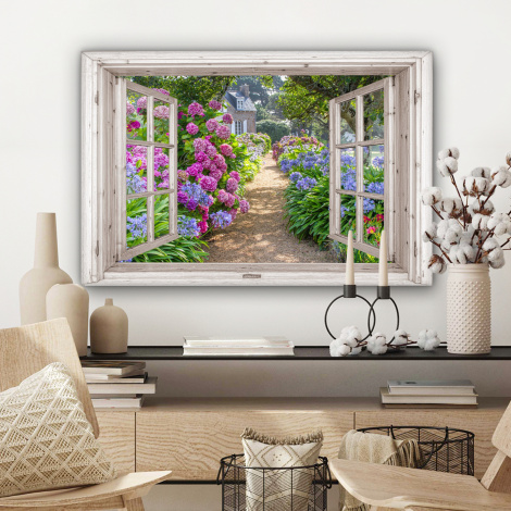 Leinwandbild - Hortensie - Durchblick - Blumen - Sommer - Lila - Pfad-3