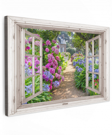 Leinwandbild - Hortensie - Durchblick - Blumen - Sommer - Lila - Pfad