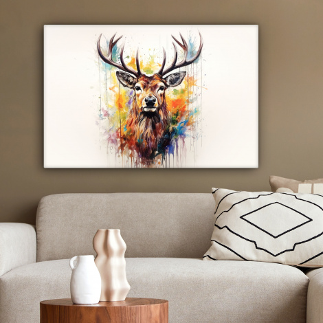 Canvas schilderij - Hert - Ree - Gewei - Kunst - Verf - Dier - Kleurrijk-2
